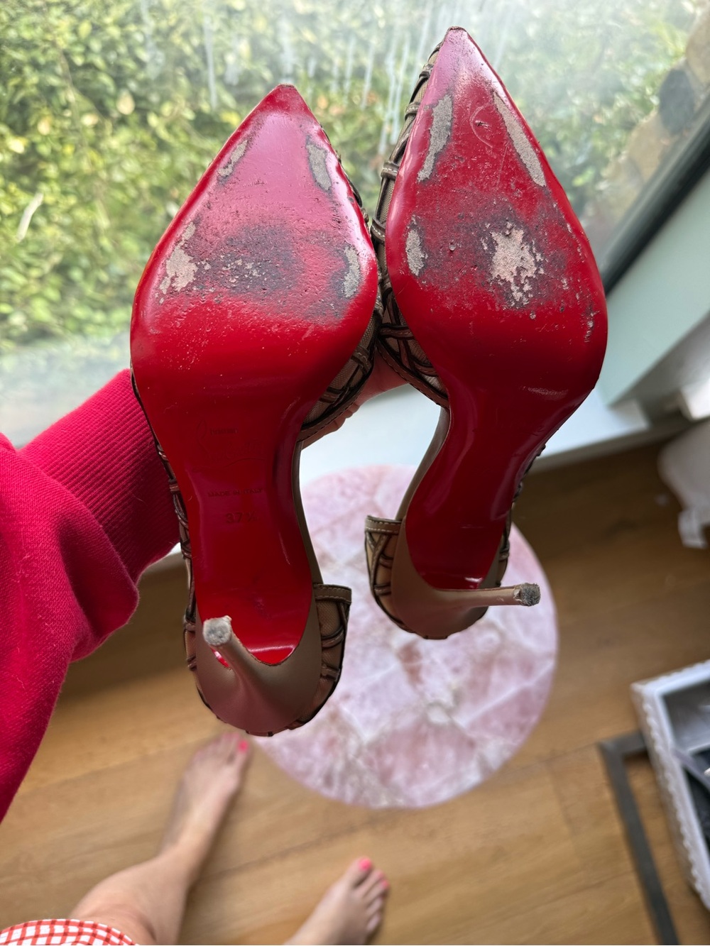 Christian Louboutin Nude and Red Pointed-Toe Mesh Pumps - Picture 5 of 5